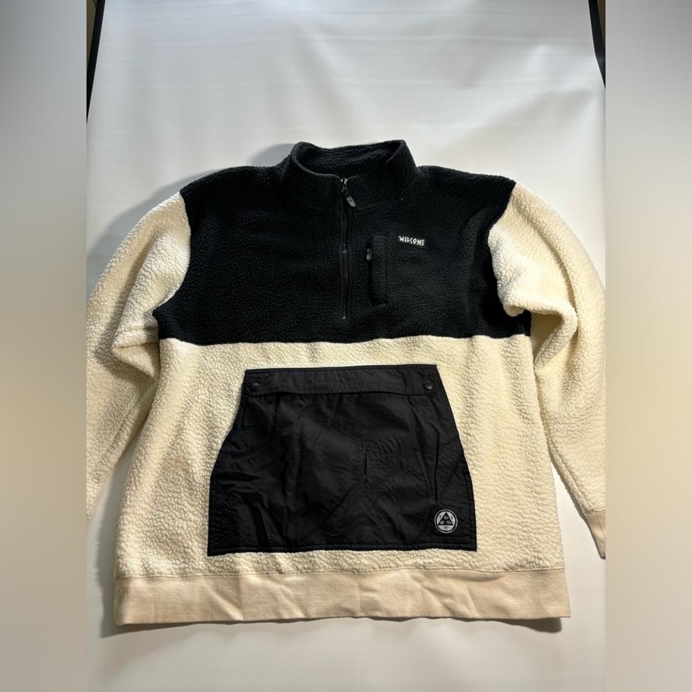 Welcome Two-Tone Black & Cream Sherpa Pullover Sweater